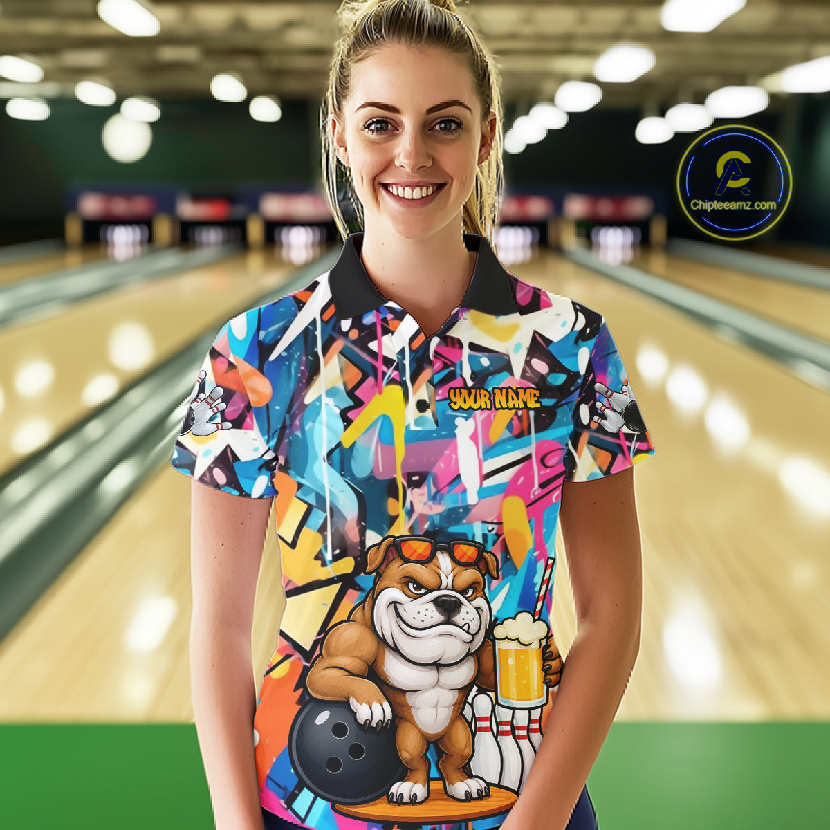 Funny Bulldog Colorful Graffiti Bowling Shirts For Women Custom Thanksgiving Bowling Team Jersey TDM7412