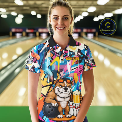 Funny Bulldog Colorful Graffiti Bowling Shirts For Women Custom Thanksgiving Bowling Team Jersey TDM7412