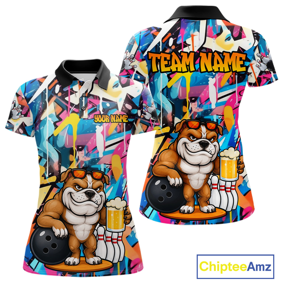 Funny Bulldog Colorful Graffiti Bowling Shirts For Women Custom Thanksgiving Bowling Team Jersey TDM7412