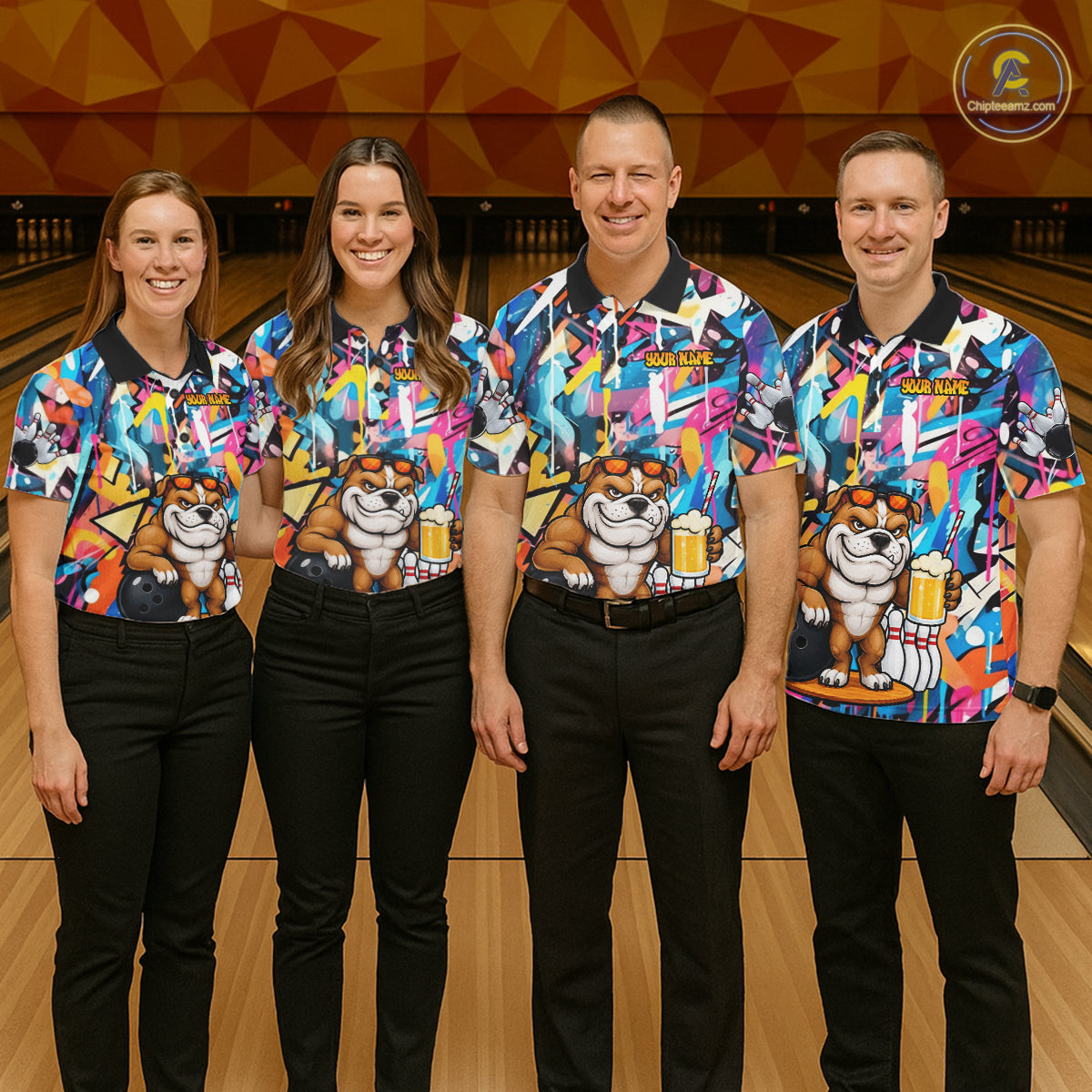 Funny Bulldog Colorful Graffiti Bowling Shirts For Women Custom Thanksgiving Bowling Team Jersey TDM7412