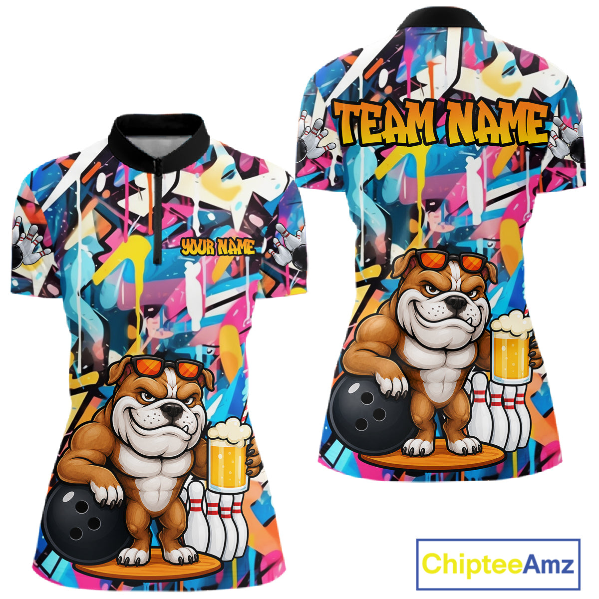 Funny Bulldog Colorful Graffiti Bowling Shirts For Women Custom Thanksgiving Bowling Team Jersey TDM7412