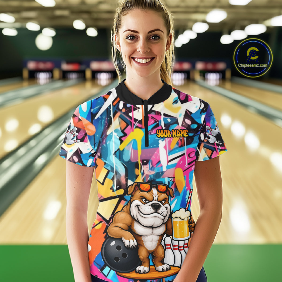 Funny Bulldog Colorful Graffiti Bowling Shirts For Women Custom Thanksgiving Bowling Team Jersey TDM7412