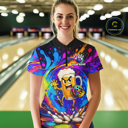 Funny Beer Colorful Bowling Jersey For Women Custom Bowling Team Shirts, Personalized Bowling Gift TDM7418