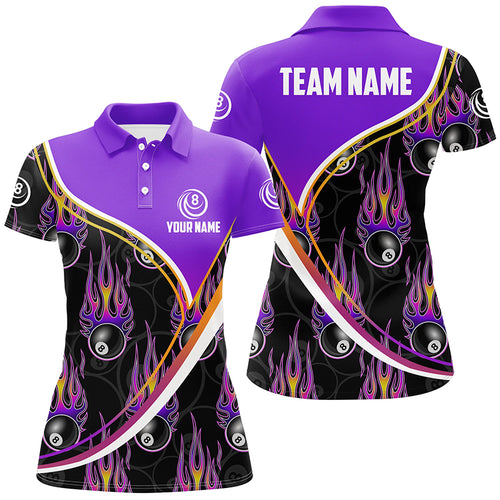 Personalized Purple Black 3D Pattern Billiard Women Polo Shirts Custom Name Flaming 8 Ball Shirts TDM0268