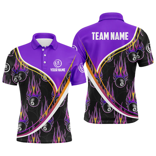 Personalized Purple Black 3D Pattern Billiard Men Polo Shirts Custom Name Flaming 8 Ball Shirts TDM0268