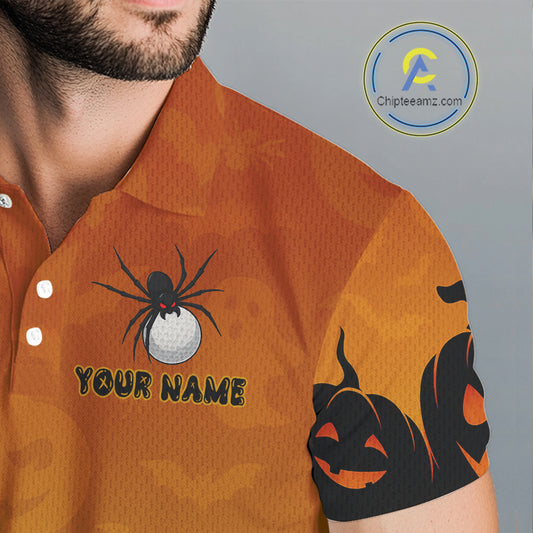 Personalized Orange Funny Spider Golf Polo Shirt For Men Custom Halloween Ladies Golf Outfit Gifts TDM4924