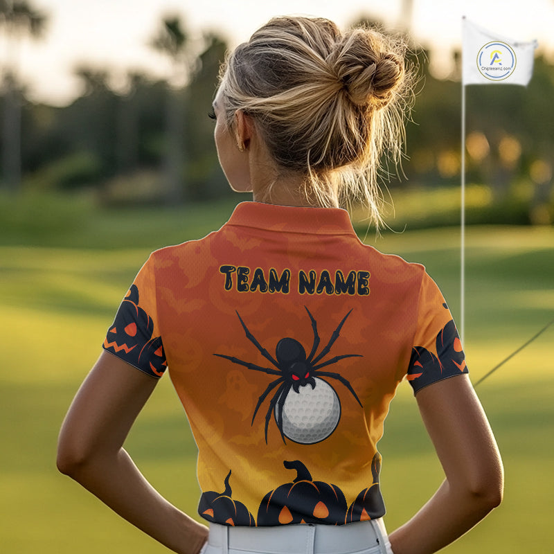 Personalized Orange Funny Spider Golf Polo Shirt For Women Custom Halloween Ladies Golf Outfit Gifts TDM4924