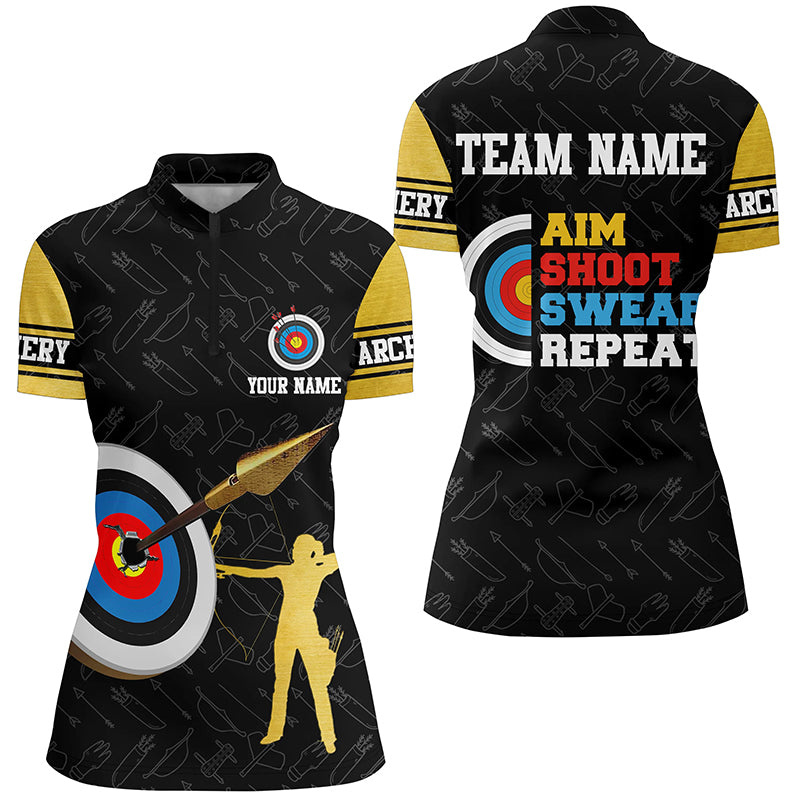 Aim Shoot Swear Repeat Archery Target Custom Women Quarter-Zip Shirts, Archery Team Shirts TDM0477