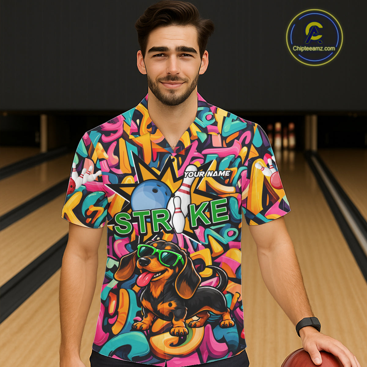 Funny Colorful Graffiti Dachshund Dog Bowling Hawaiian Shirt For Men Women Custom Bowling Team Jersey TDM8068
