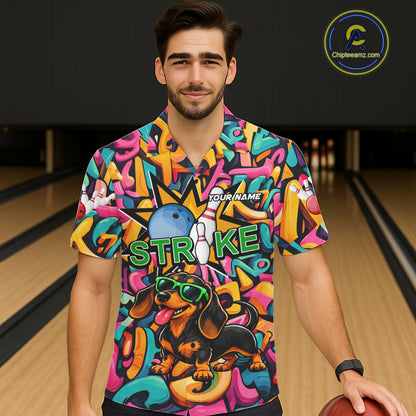 Funny Colorful Graffiti Dachshund Dog Bowling Hawaiian Shirt For Men Women Custom Bowling Team Jersey TDM8068
