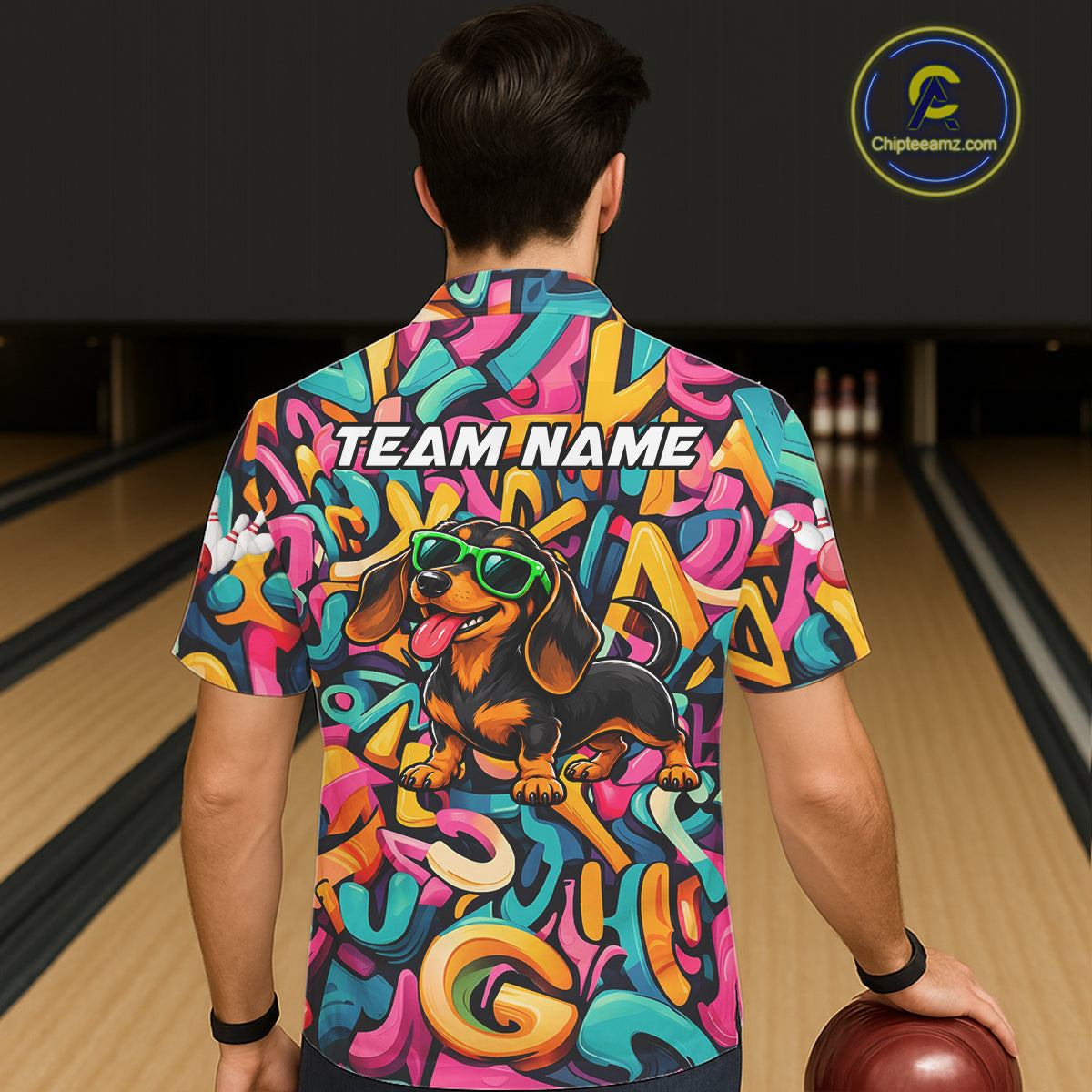Funny Colorful Graffiti Dachshund Dog Bowling Hawaiian Shirt For Men Women Custom Bowling Team Jersey TDM8068