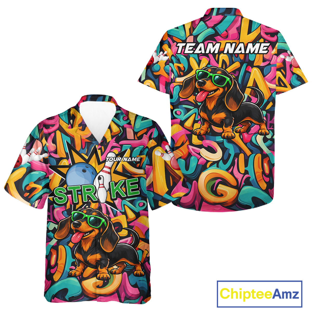 Funny Colorful Graffiti Dachshund Dog Bowling Hawaiian Shirt For Men Women Custom Bowling Team Jersey TDM8068