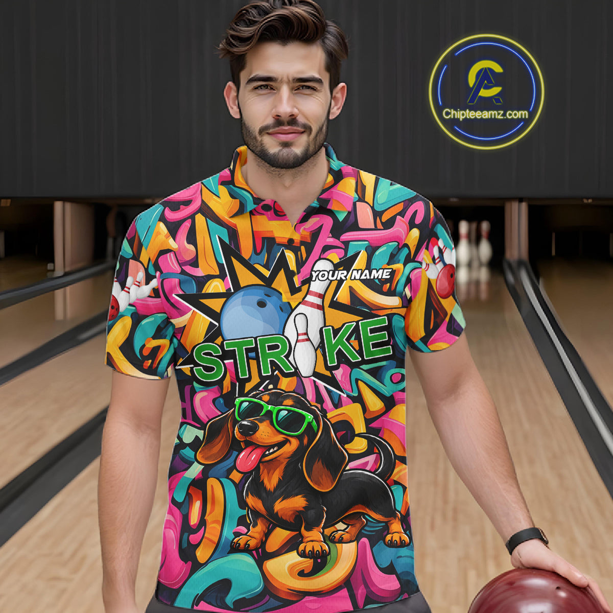 Funny Colorful Graffiti Dachshund Dog Bowling Shirts For Men Custom Bowling Team Jersey Outfit TDM8068
