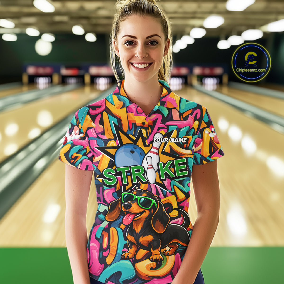Funny Colorful Graffiti Dachshund Dog Bowling Shirts For Women Custom Bowling Team Jersey Outfit TDM8068