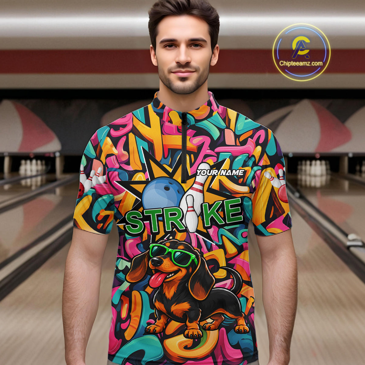 Funny Colorful Graffiti Dachshund Dog Bowling Shirts For Men Custom Bowling Team Jersey Outfit TDM8068