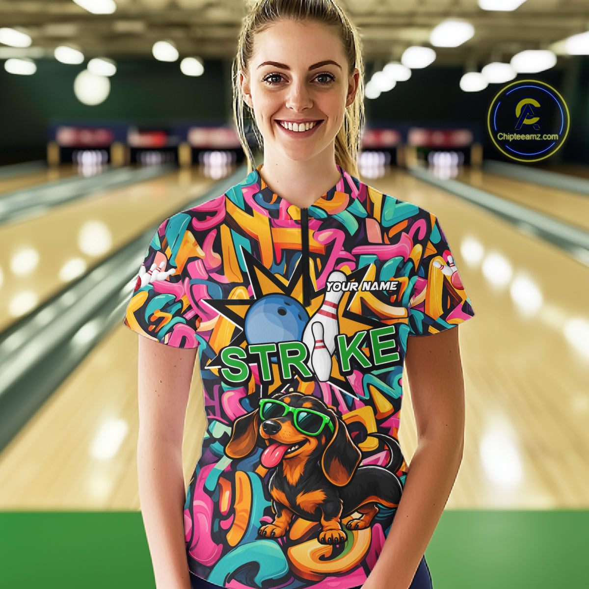 Funny Colorful Graffiti Dachshund Dog Bowling Shirts For Women Custom Bowling Team Jersey Outfit TDM8068