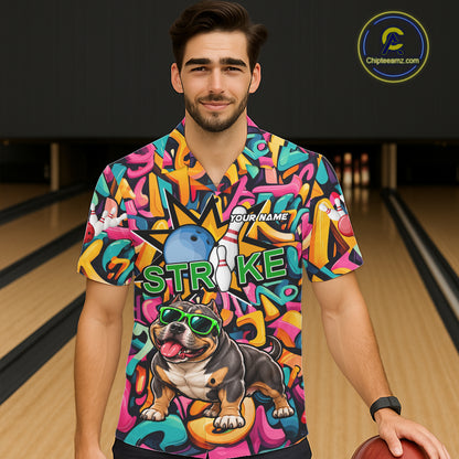 Funny Colorful Graffiti American Bully Dog Bowling Hawaiian Shirt For Men Women Custom Bowling Jersey TDM8069