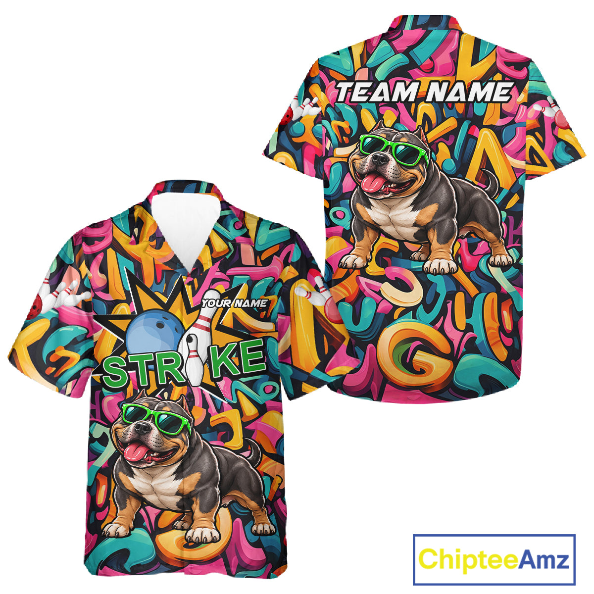 Funny Colorful Graffiti American Bully Dog Bowling Hawaiian Shirt For Men Women Custom Bowling Jersey TDM8069