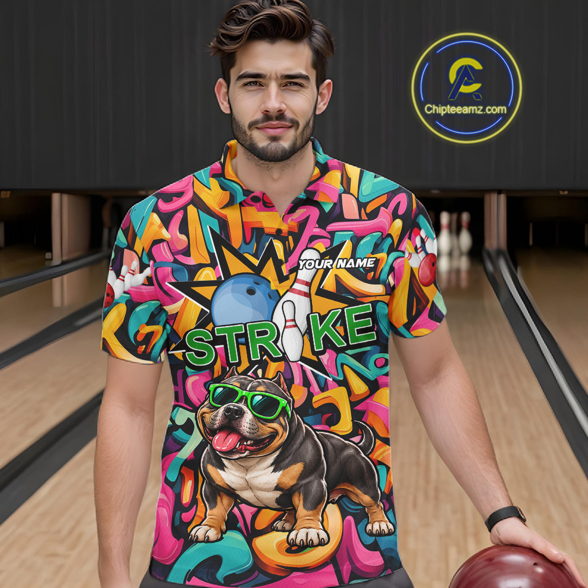 Funny Colorful Graffiti American Bully Dog Bowling Shirts For Men Custom Bowling Team Jersey TDM8069