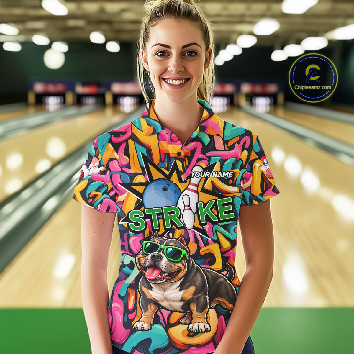 Funny Colorful Graffiti American Bully Dog Bowling Shirts For Women Custom Bowling Team Jersey TDM8069