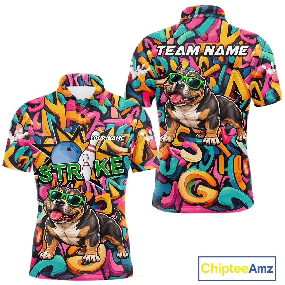 Funny Colorful Graffiti American Bully Dog Bowling Shirts For Men Custom Bowling Team Jersey TDM8069