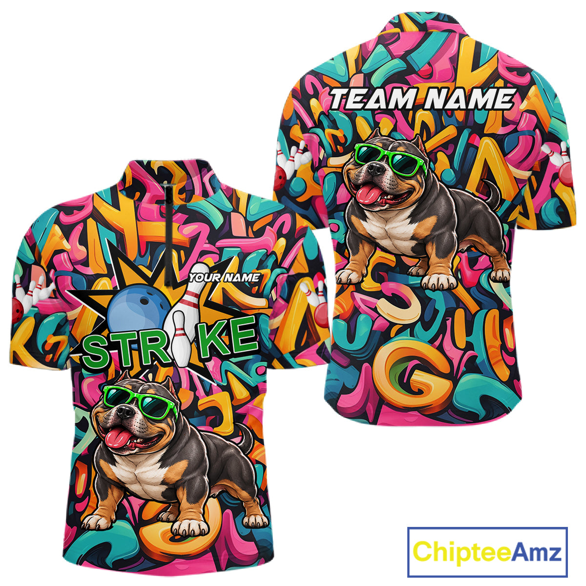 Funny Colorful Graffiti American Bully Dog Bowling Shirts For Men Custom Bowling Team Jersey TDM8069