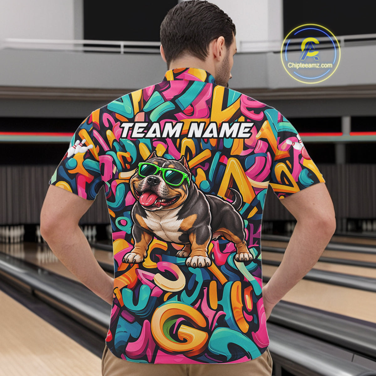 Funny Colorful Graffiti American Bully Dog Bowling Shirts For Men Custom Bowling Team Jersey TDM8069