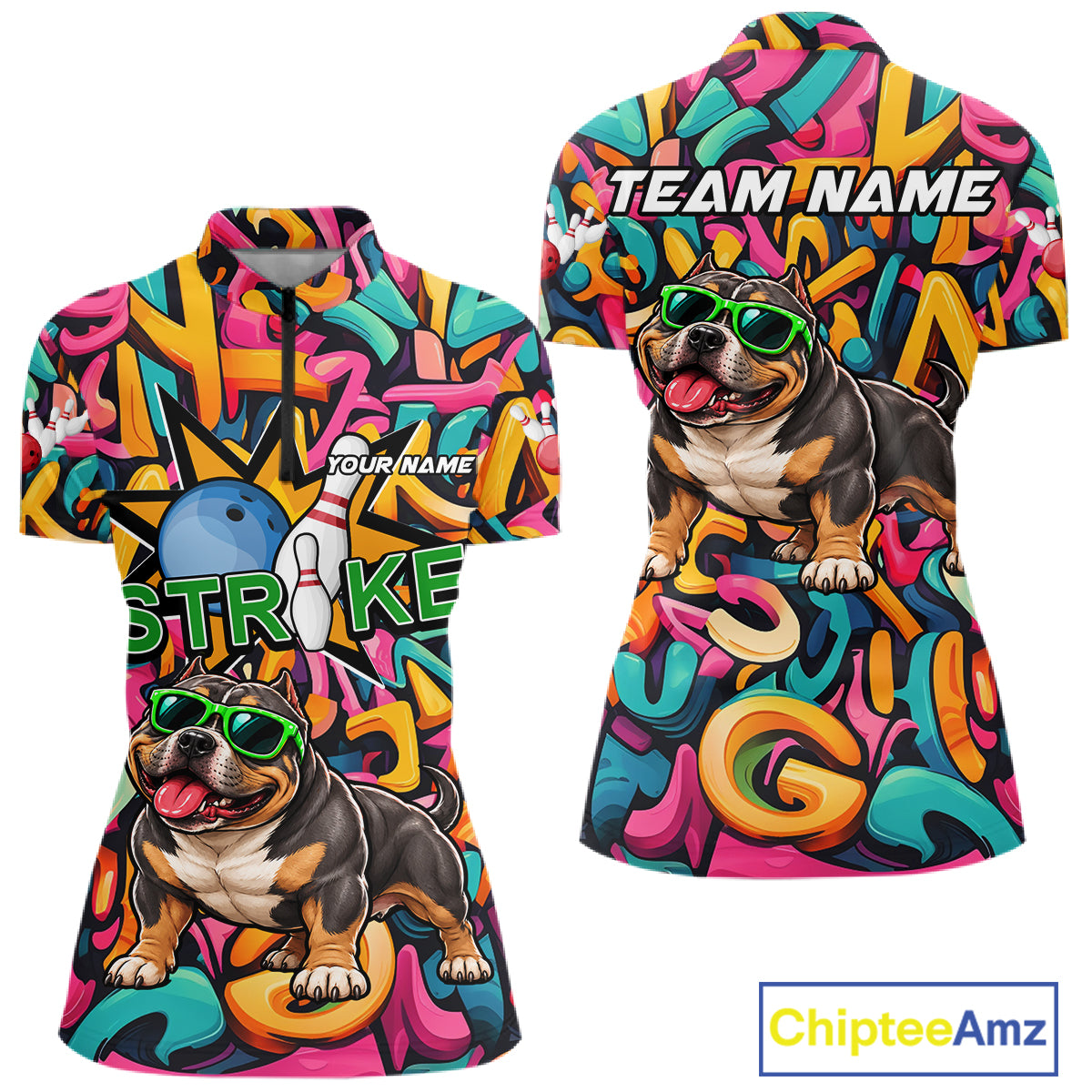 Funny Colorful Graffiti American Bully Dog Bowling Shirts For Women Custom Bowling Team Jersey TDM8069