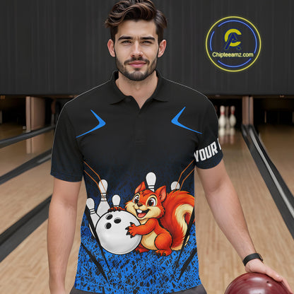 Black And Blue Funny Squirrel Bowling Shirts For Men Custom Bowling Jersey, Bowling Team Outfit TDM8076