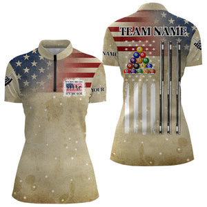 Vintage Gold American Flag Custom Patriotic Billiard Shirts For Women, Funny Saying Billiard Jerseys TDM3123