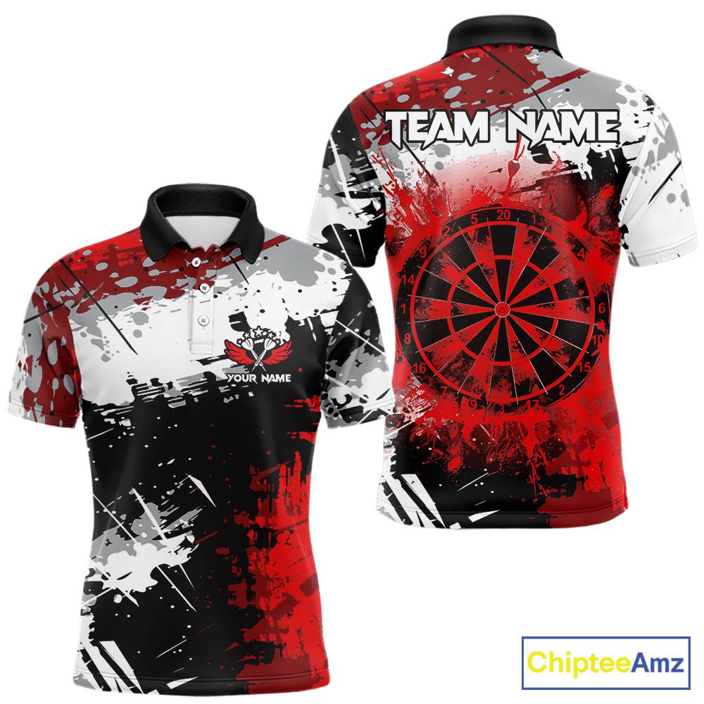 Red Grunge Paint Splash Dart Shirts For Men Custom Darts Jersey Team Polo & Quarter Zip TDM5352