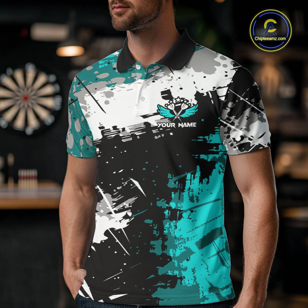 Turquoise Grunge Paint Splash Dart Shirts For Men Custom Darts Jersey Team Polo & Quarter Zip TDM5353