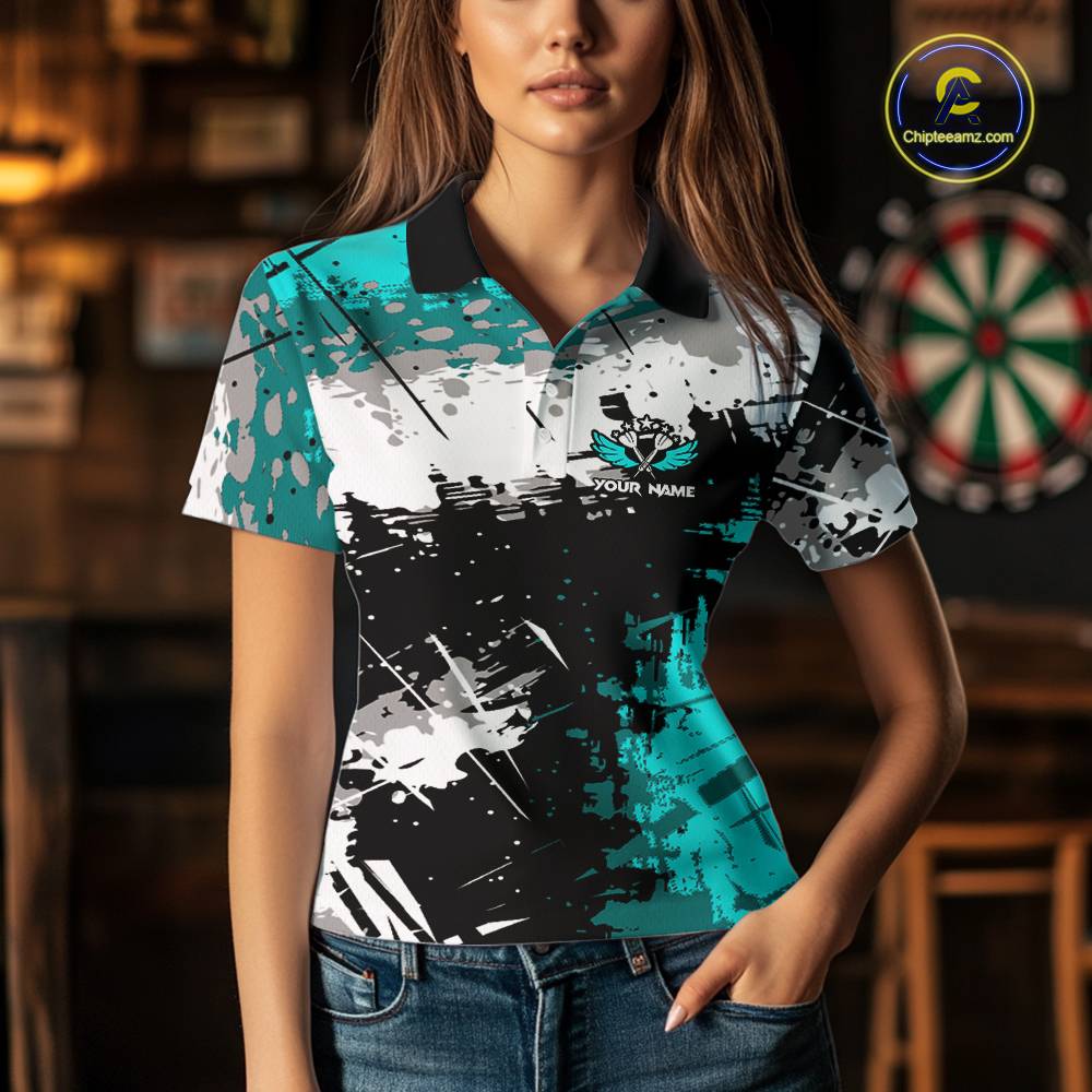 Turquoise Grunge Paint Splash Dart Shirts For Women Custom Darts Jersey Team Polo & Quarter Zip TDM5353