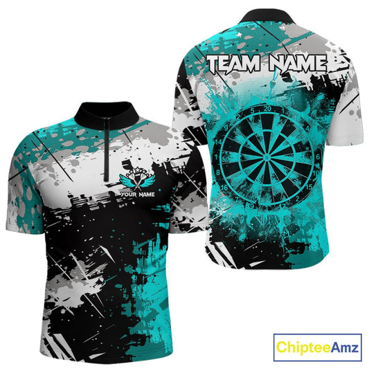 Turquoise Grunge Paint Splash Dart Shirts For Men Custom Darts Jersey Team Polo & Quarter Zip TDM5353