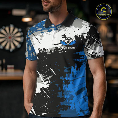 Blue Grunge Paint Splash Dart Shirts For Men Custom Darts Jersey Team Polo & Quarter Zip TDM5354
