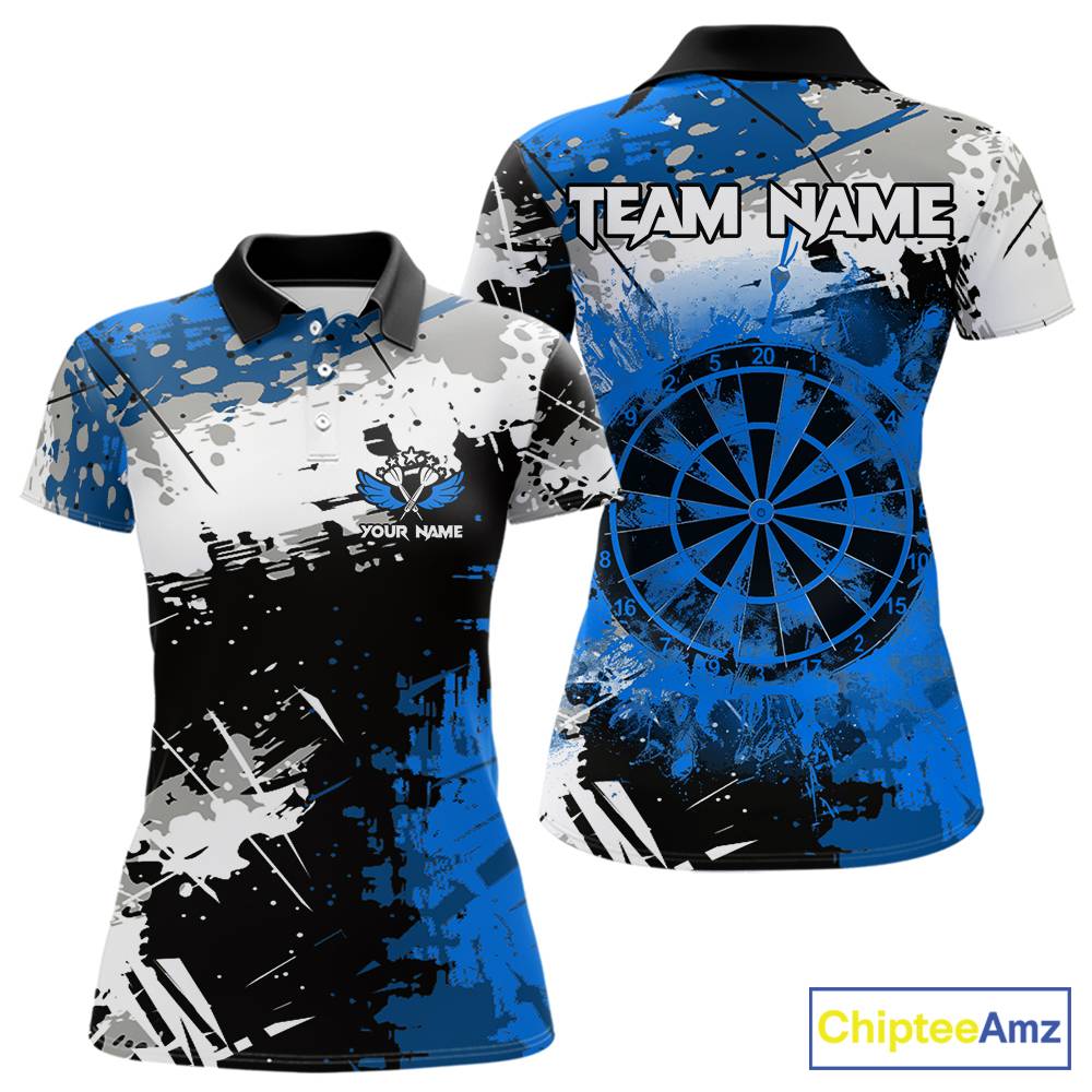 Blue Grunge Paint Splash Dart Shirts For Women Custom Darts Jersey Team Polo & Quarter Zip TDM5354