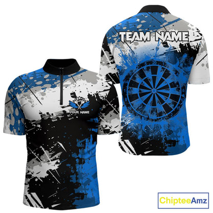 Blue Grunge Paint Splash Dart Shirts For Men Custom Darts Jersey Team Polo & Quarter Zip TDM5354