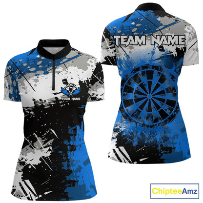 Blue Grunge Paint Splash Dart Shirts For Women Custom Darts Jersey Team Polo & Quarter Zip TDM5354