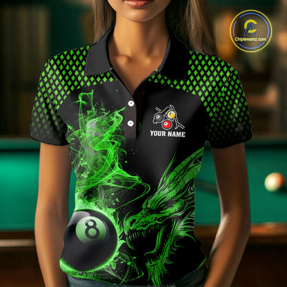 Green 8 Ball & 9 Ball Flame Smoke Custom Dragon Billiard Shirts For Women, Billiard Team Jersey TDM5631