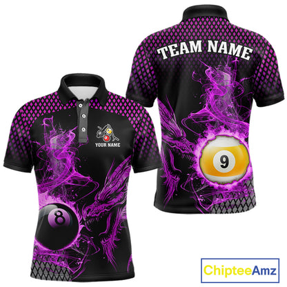 Purple 8 Ball & 9 Ball Flame Smoke Custom Dragon Billiard Shirts For Men, Billiard Team Jersey TDM5632