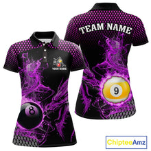 Load image into Gallery viewer, Purple 8 Ball &amp; 9 Ball Flame Smoke Custom Dragon Billiard Shirts For Women, Billiard Team Jersey TDM5632