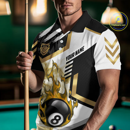 Gold 8 Ball Pool Fire Flame Smoke Custom Billiard Shirts For Men, Billiard Jerseys Team Uniform TDM5848