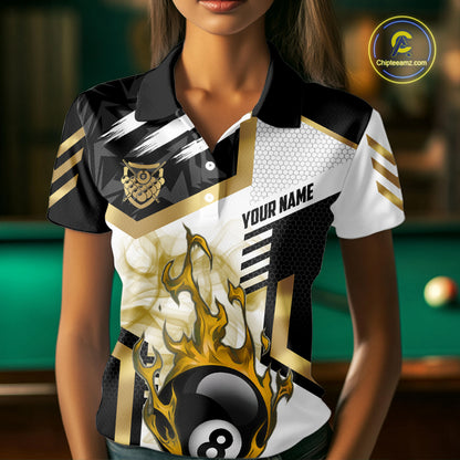 Gold 8 Ball Pool Fire Flame Smoke Custom Billiard Shirts For Women, Billiard Jerseys Team Uniform TDM5848