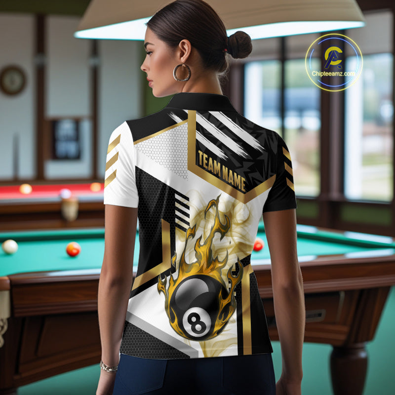 Gold 8 Ball Pool Fire Flame Smoke Custom Billiard Shirts For Women, Billiard Jerseys Team Uniform TDM5848