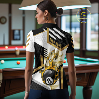 Gold 8 Ball Pool Fire Flame Smoke Custom Billiard Shirts For Women, Billiard Jerseys Team Uniform TDM5848