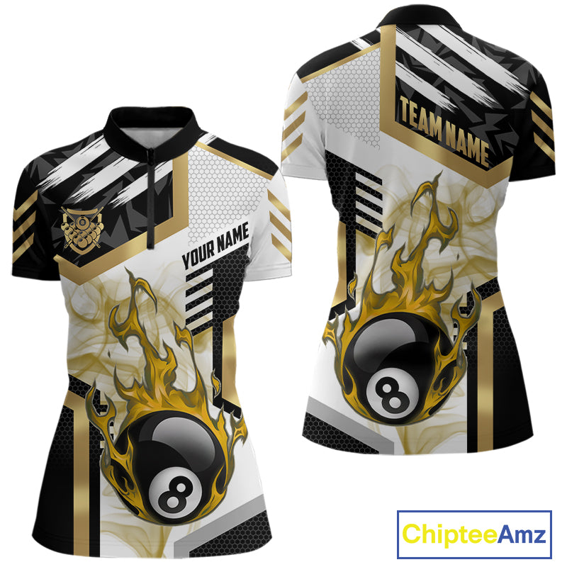 Gold 8 Ball Pool Fire Flame Smoke Custom Billiard Shirts For Women, Billiard Jerseys Team Uniform TDM5848