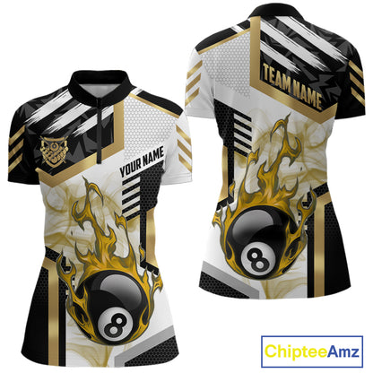 Gold 8 Ball Pool Fire Flame Smoke Custom Billiard Shirts For Women, Billiard Jerseys Team Uniform TDM5848