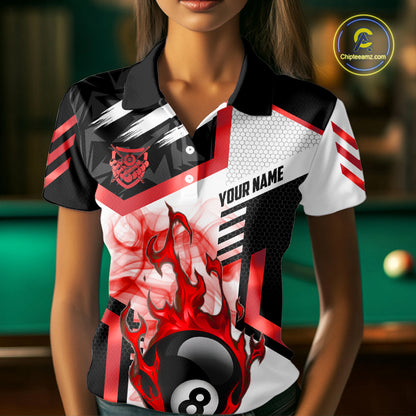 Red 8 Ball Pool Fire Flame Smoke Custom Billiard Shirts For Women, Billiard Jerseys Team Uniform TDM5849