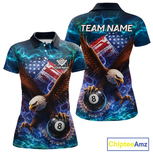 Personalized 8 Ball US Flag Eagle Lightning Billiard Shirt For Women, Patriotic Billiard Team Jersey TDM5850