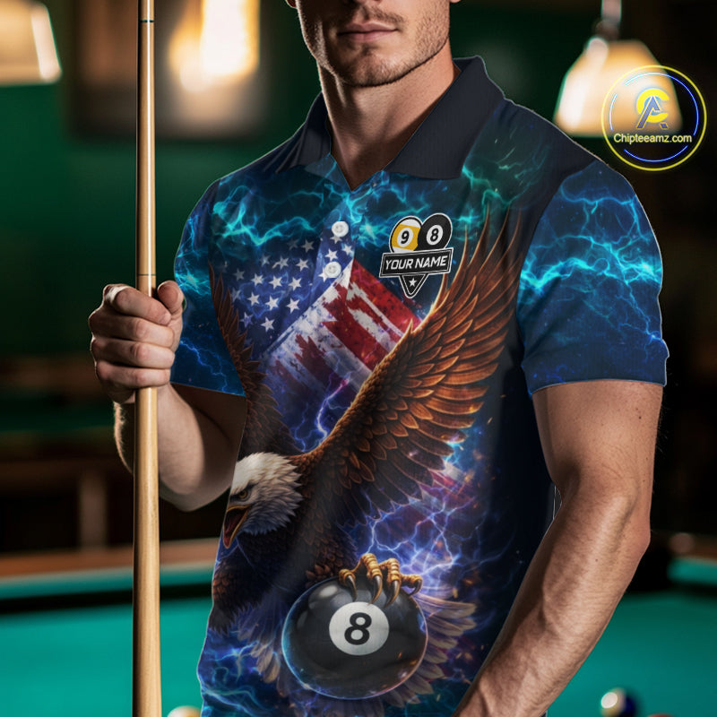 American Flag 8 & 9 Ball Eagle Lightning Billiard Shirt For Men Custom Patriotic Pool Team Jersey TDM5851